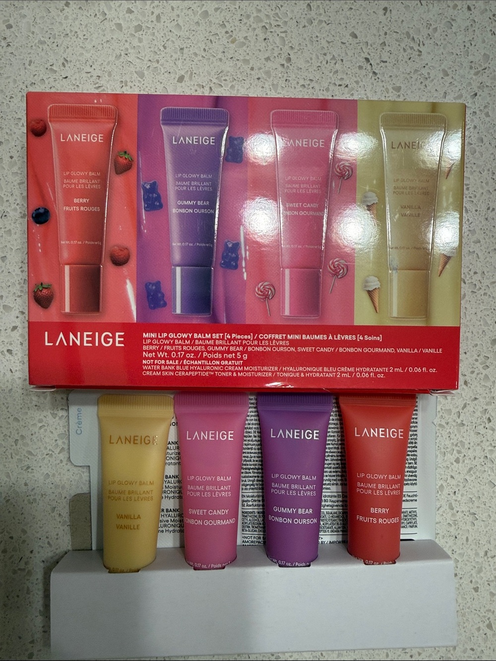 LANEIGE Mini Lip Glowy Balm Set - berry, gummy bear, sweet candy, vanilla.
